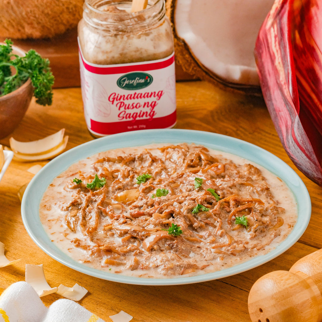 Josefina's Ginataang Puso ng Saging with Tinapa | Smoky Banana Blossom in Coconut Cream | Ready-to-Eat Filipino Favorite 250gms